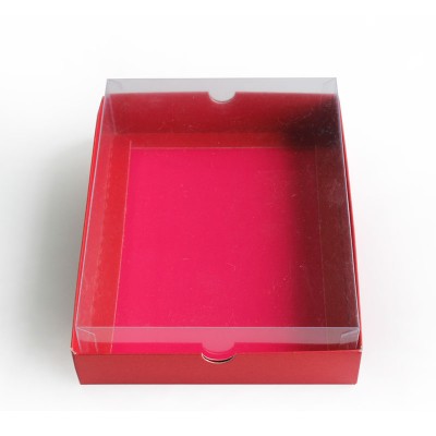 Caja de Cart&oacute;n rojo rectangular con tapa en acetato transparente para souvenirs y recordatorios